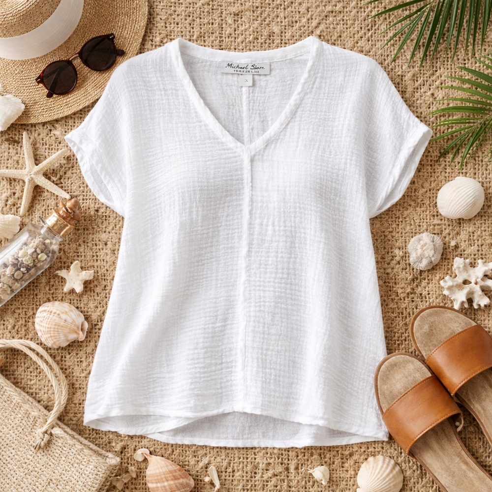 Michael Stars | White | 100% Cotton Gauze V-Neck Top | Size L - Picture 2 of 6